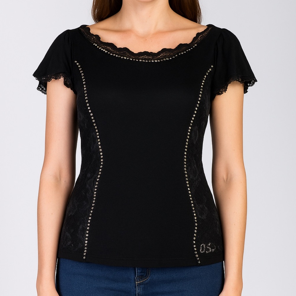 Black Silver Trim Embellished Lace Blouse Top